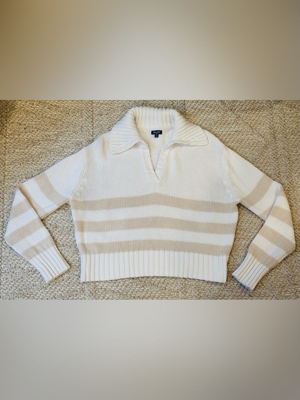Splendid Size XS Cream Beige Stripe V-Neck Polo Sweater Long Sleeve 100% Cotton